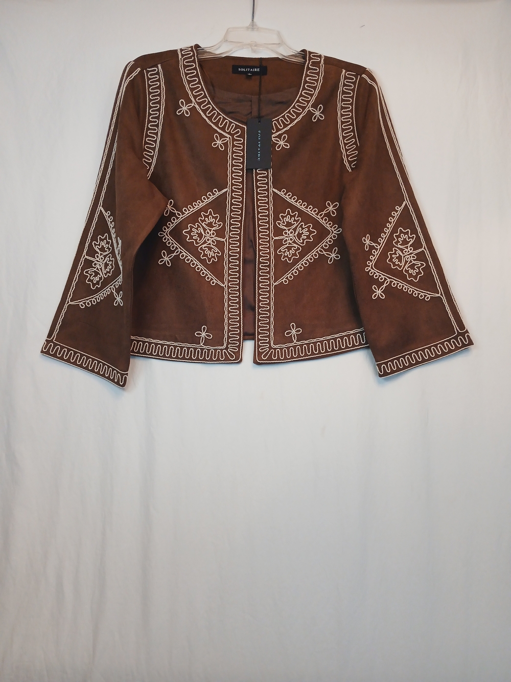 Brown Suede Feel Embroidered Open Front Cropped Blazer L New!
